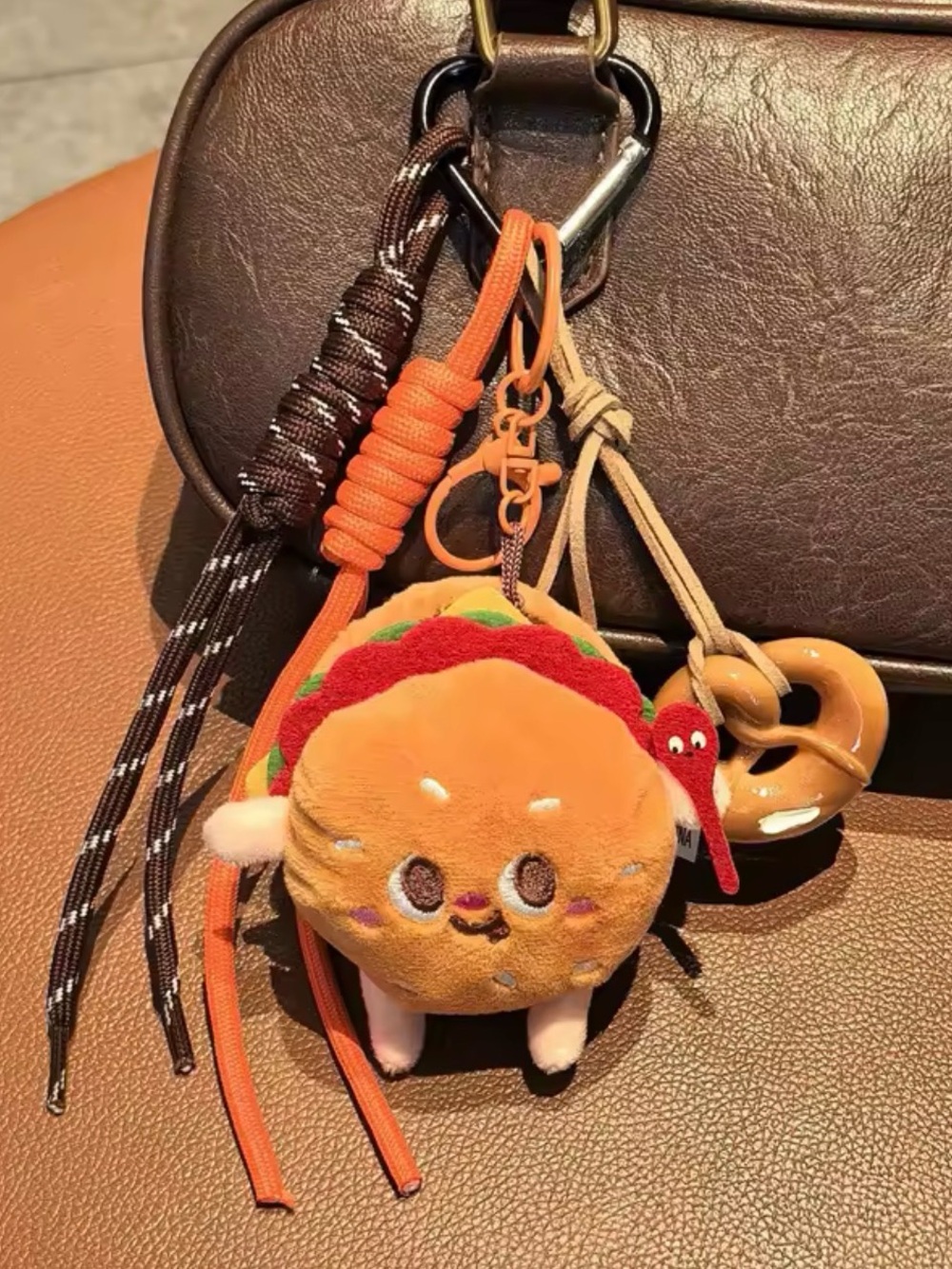 Plush hamburger Keychain Bag Charm - Orange & Brown